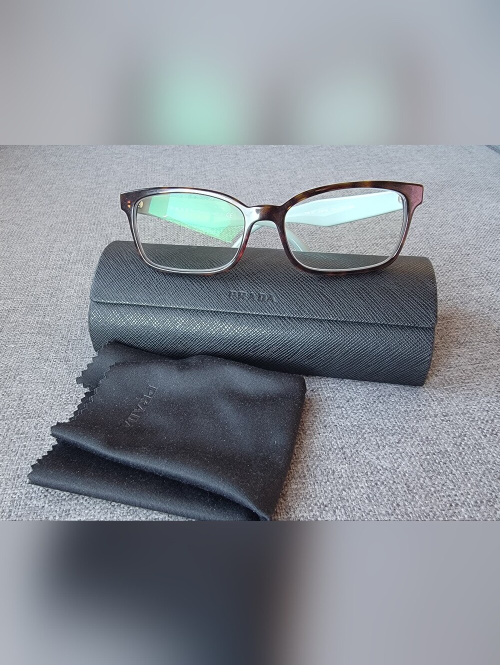 Prada VPR 18T Eyeglasses — Dark Havana Tortoise & Mint Green + Case